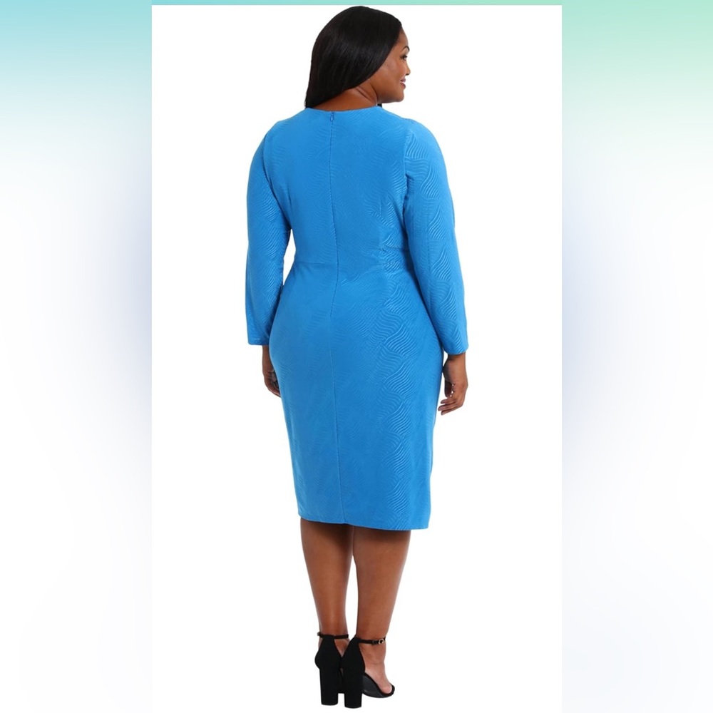 London Times Vibrant Blue Long Sleeve Asymmetrical Ruched Midi Dress - Picture 6 of 11